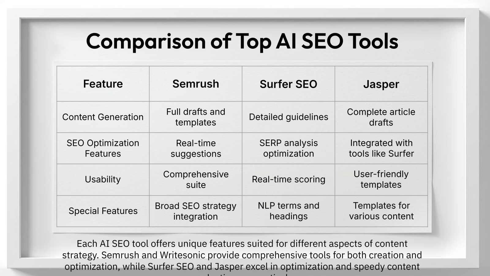 Comparison grid for AI tools for SEO content optimization