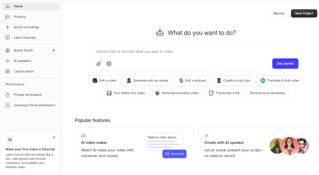 AI video editing dashboard showing automated video creation and editing options
