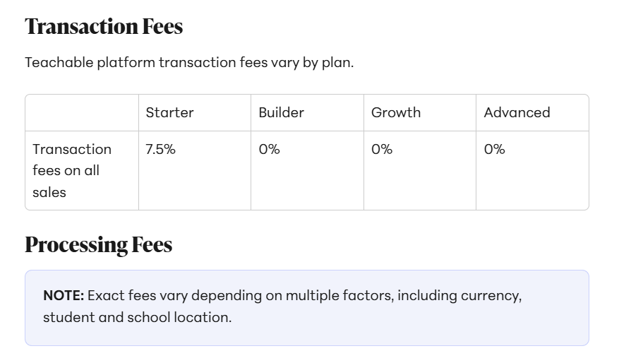 Teachable transaction and payment processing fee explanation