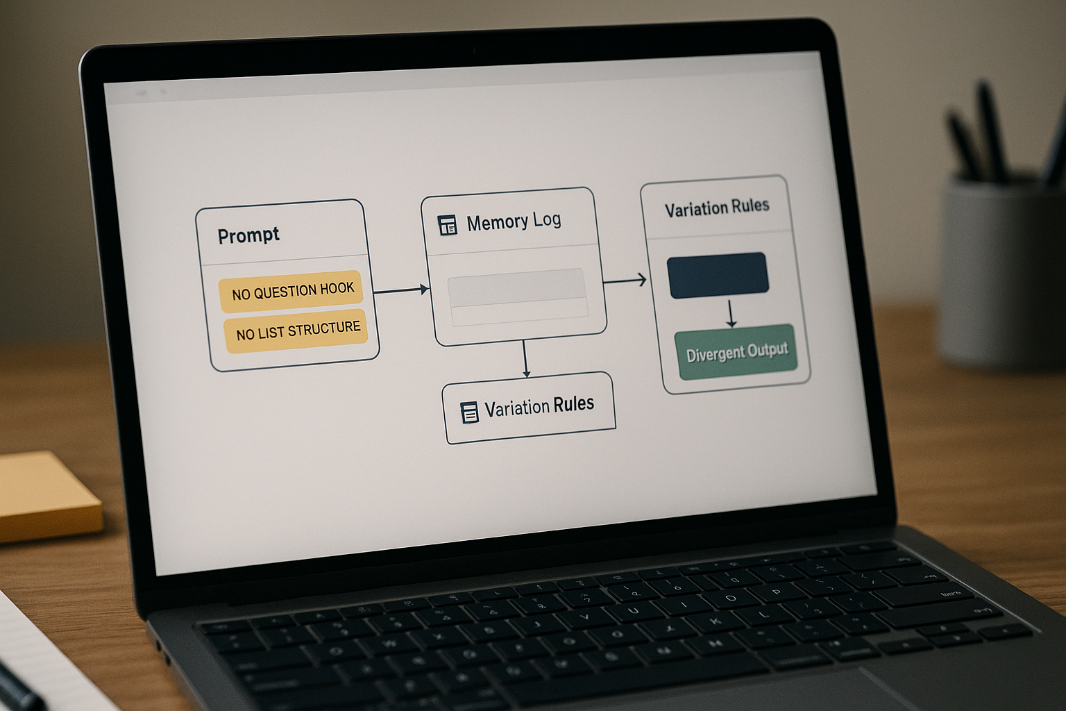 Prompt variation rules and memory node workflow for content scaling